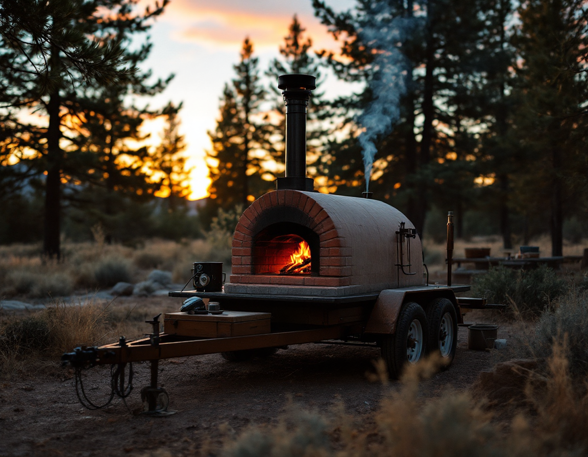 A mobile brick wood-fired oven on a trailer parked at golden hour, smoke rising from the chimney