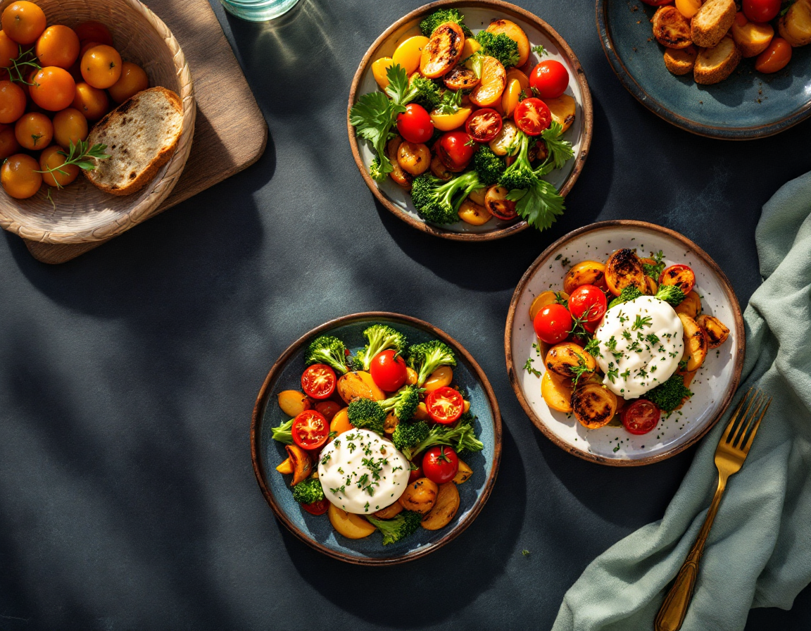 An overhead spread of wood-fired small plates on a dark table