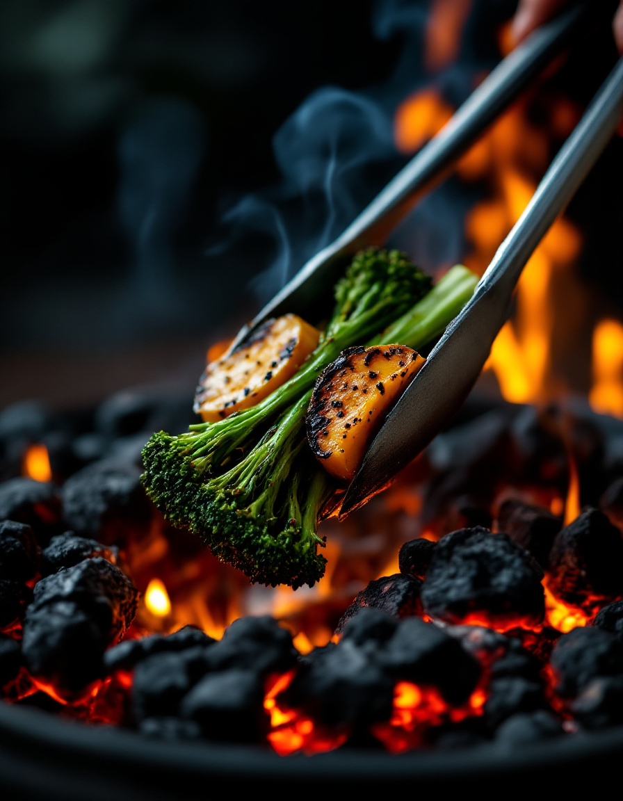 Charred vegetables being lifted from the coals