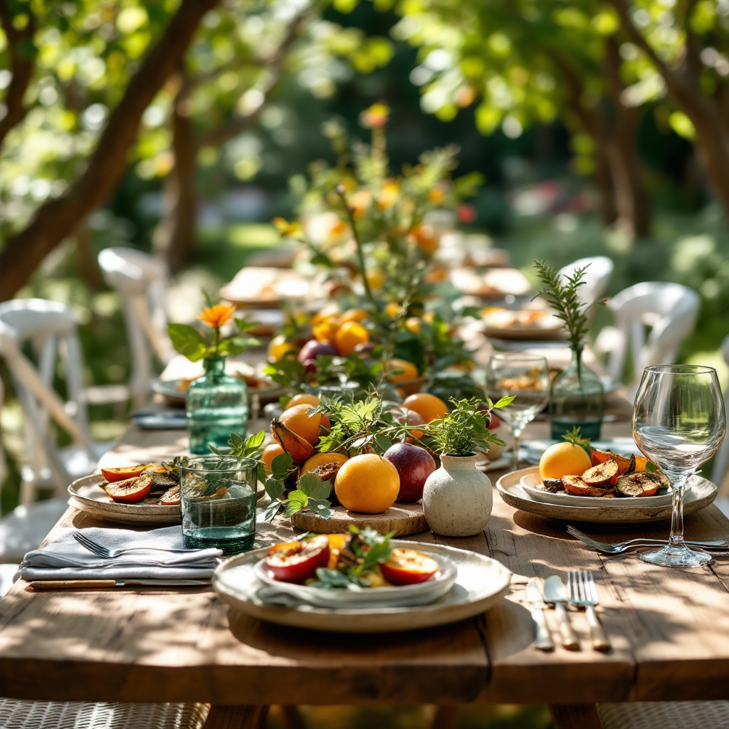 An outdoor long table set with charred vegetables and stone fruit in dappled sunlight